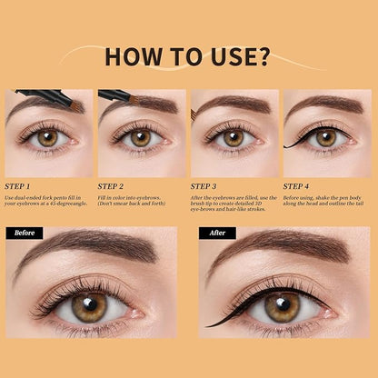 QIC 2 in 1 Microblading Eyebrow Pen with Eyeliner Pencil,3D Waterproof Magic Eyebrow Pencil with 4 Fork Tip Multifunctional Double Head Microblade Eyebrow Pencil Waterproof and Long-Lasting (Gray)