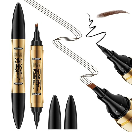Microblading Eyebrow Pen,2-in-1 Eyebrow Tattoo Pencil 4 Fork Tip with Eyeliner,Multifunction Double Head Waterproof Eyebrow Pencil Create Natural Looking Brows (Dark Brown)