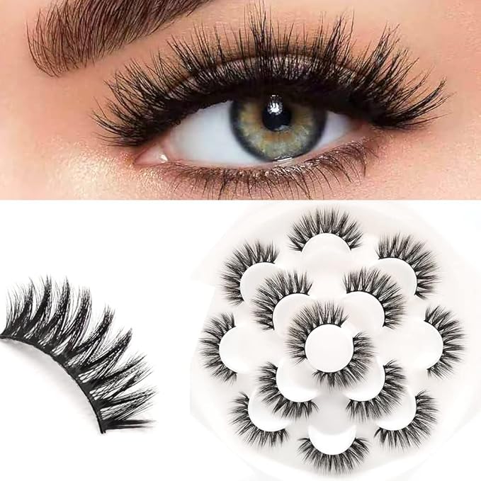Sunniess False Eyelashes 8D Faux Mink Lashes 100% Handmade Reusable Natural Look Fake Eye lashes Cat-Eye Fluffy Wispy Lashes Dramatic Long Thick Volume Soft Lashes Packs (5D-03)