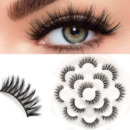 Sunniess False Eyelashes 8D Faux Mink Lashes 100% Handmade Reusable Natural Look Fake Eye lashes Cat-Eye Fluffy Wispy Lashes Dramatic Long Thick Volume Soft Lashes Packs (5D-03)