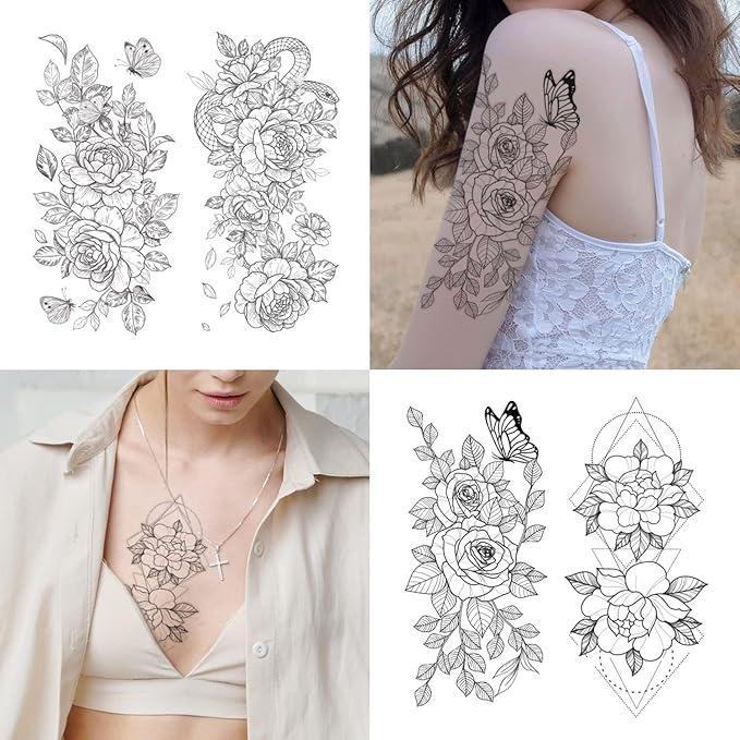 Cerlaza Temporary Tattoos for Women, Large Realistic Body Tattoo Stickers, Fake Semi Permanent Tattoo Include Butterfly Rose, Henna Tattoos for Adults (12 Sheets)