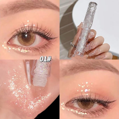 6pcs Liquid Glitter Eyeshadow Set, Shimmer Eye Make Up for Korean Crystals Makeup, Quick Drying, Pigmented and Long Lasting Eyeshadow Eye Liner, Silver Pink Gold Crystals Eye Glitter Makeup