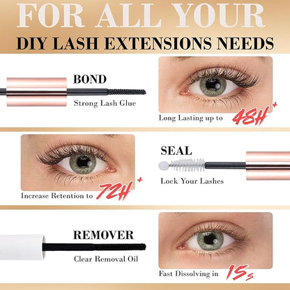 Lash Extensions Kit with 180 PCS Individual Lash Clusters, Eyelash Tweezers for Lash Extensions, Lash Bond and Seal Waterproof, Clusters Lash Glue Remover Easy to Apply at Home