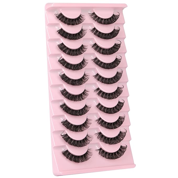 Newcally Lashes Nautral Look False Eyelashes Russian Strip Lashes Mink Wispy Lashes Pack D-curly Thick Full Volume Cat Eye Lashes Look Like Extensions 10 Pairs