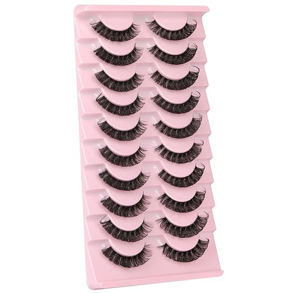 Newcally Lashes Nautral Look False Eyelashes Russian Strip Lashes Mink Wispy Lashes Pack D-curly Thick Full Volume Cat Eye Lashes Look Like Extensions 10 Pairs
