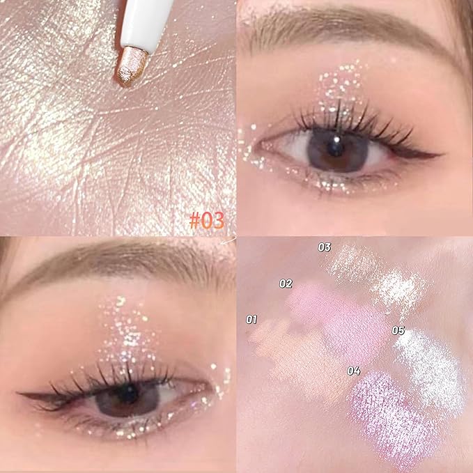 3PC Dual Ended Highlighter Makeup Pen, Glitter & Matte Nude EyeLiner & Eyeshadow, Contour liquid Liner 2 in 1 Eye Brightener Stick, Mulit-Funtional Long Lasting Lying Silkworm Pencil ( #01, #03, #04 )