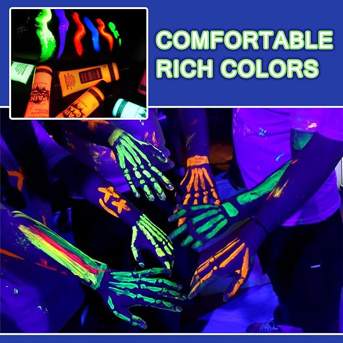Glow in the Dark Face & Body Paint Set - 6 Colors, Professional Kit for Party, Cosplay, Blacklight Glow SFX Makeup, 10 ml