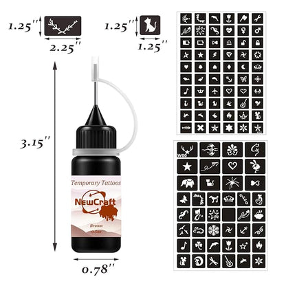 Temporary Tattoo Kit, Makeup Inks, Freckles Gel for Art Markers, 102 Patterns Fake Tattoos stencils DIY for Men Women - 3 Bottles (Brown)
