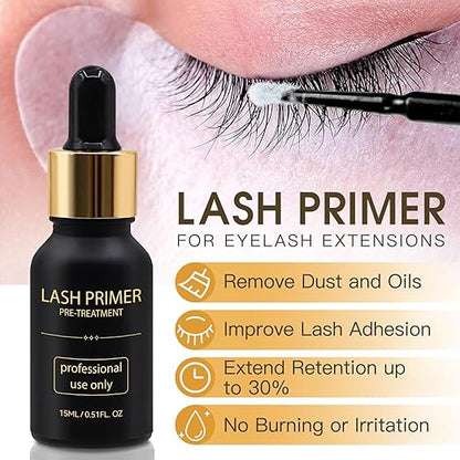 Lash Bonder Primer and Shampoo Kit for Eyelash Extensions, Glue Accelerator Lash Sealant, Pre-treatment Primer Protein Oil Cleanse Remover, Makeup Tools for Professional Use (15ml+15ml+60ml)