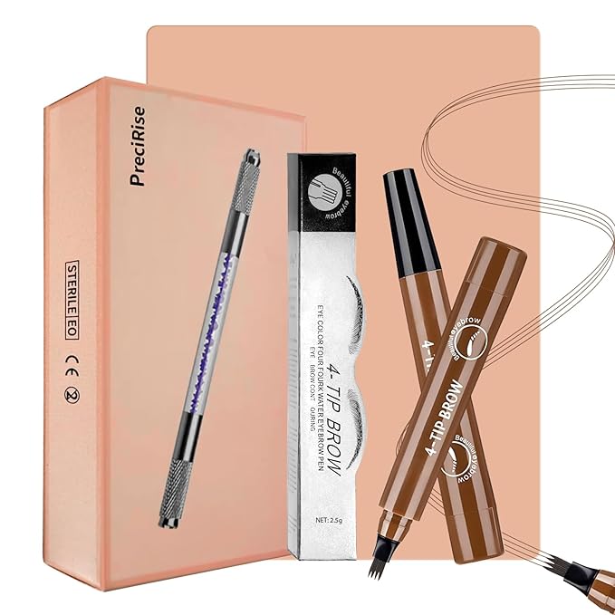 Microblading Eyebrow Pen, PreciRise Eyebrow Pen with a 4 Micro-Fork Tip and One“8 x 6'' IN Double Sides Practice Skin for Natural Looking Hair-Like Defined Brows, Stays on All Day, Dark Brown