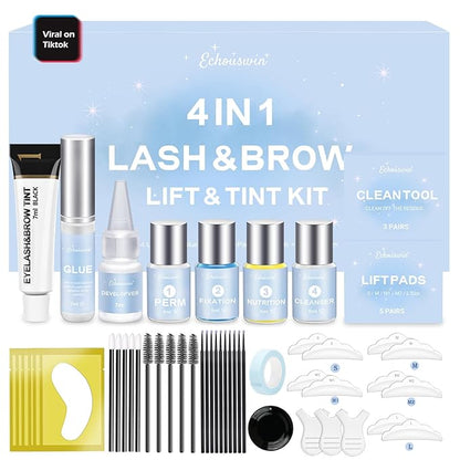 4 in 1 Lash & Brow Lift and Color Kit,Professional Eyelash Lift Kit & Brow Lamination Kit, Quick Curling Perming & Voluminous Coloring with Complete Tools DIY, Suitable for Salon & Home Use (Black)