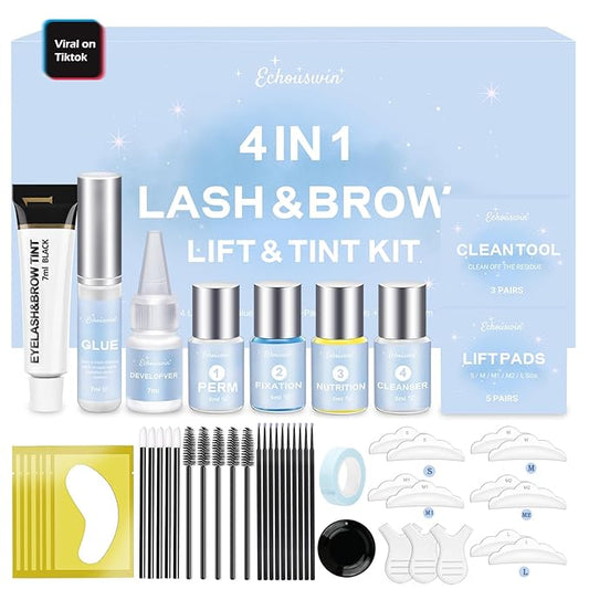 4 in 1 Lash & Brow Lift and Color Kit,Professional Eyelash Lift Kit & Brow Lamination Kit, Quick Curling Perming & Voluminous Coloring with Complete Tools DIY, Suitable for Salon & Home Use (Black)