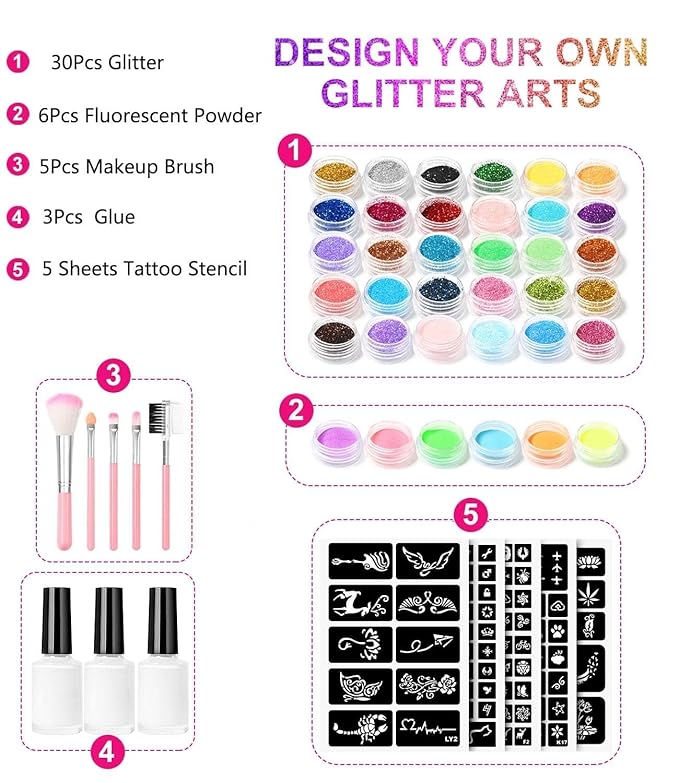 Temporary Glitter Tattoo Kit for Kids makeup,30 Body Glitter,3 Glitter Glue,5 Sheets Tattoos Stencil,5 Pcs Makeup Brush,6 Fluorescent Powder,Rhinestone Stickers,Holiday,Party,Nail Art