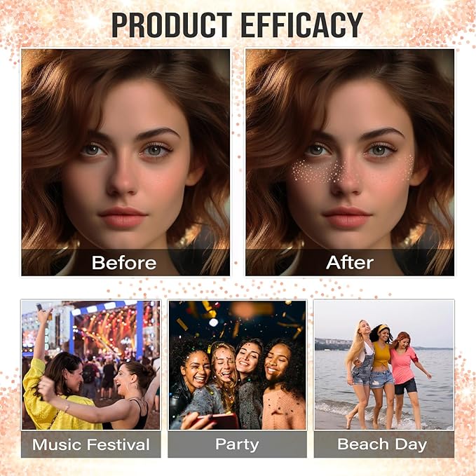 Glitter Freckles Face Tattoo - 6PCS Rose Gold Glitter Freckle Tattoos for Women, Sparkle Freckles for Face, Fake Freckles Glitter Makeup, Freckle Stickers for Face & Body (Rose Gold)
