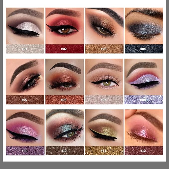 AKARY 12 Colors Glitter Eyeshadow, Mashed Potato Pearlescent Monochrome Eyeshadow Polarized Light Not Smudged Eye Shadow, Highly Pigmented Eye Makeup Cosmetics Gift for Women And Girls Eye Brightening Flash Powder (#11 Golden)