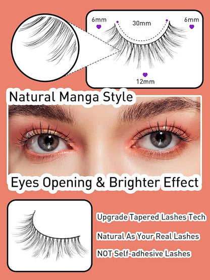 Anime Lashes Wispy False Eyelashes Natural Look 12MM Strip Lashes Thin Band False Lashes 3D Volume Fake Eyelashes 7 Pair C Curl Lash Pack Siligli