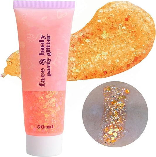 Go Ho Orange Face Body Glitter,Singer Concerts Orange Face Paint Glitter Makeup,Holographic Chunky Sequins Glitters Gel for Eye Lip Hair Nails,Festival Rave Accessories,52g
