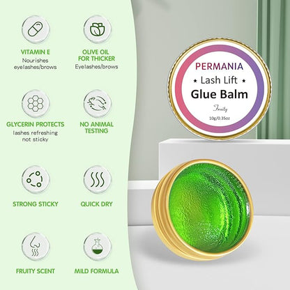 PERMANIA Lash Glue Balm, Eyelash Lifting Adhesives Strong Hold and Perfectly Shaped Eyebrows for Brow Lamination Kit, Lash Lift Balm Bright Colors & Fruity Flavours Fast Drying & Waterproof (Green)