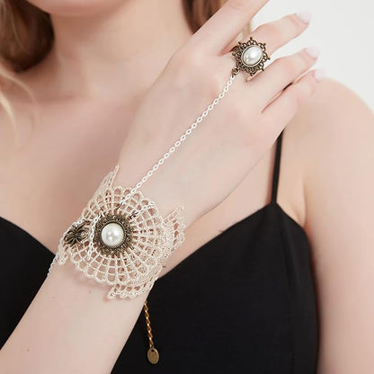 Gothic Pearl Lace Steampunk Wristband Vintage Pearl Pendant Tassel Lace Hand Chain with Finger Ring Lolita Lace Hand Accessories for Women and Girls (Style 1)