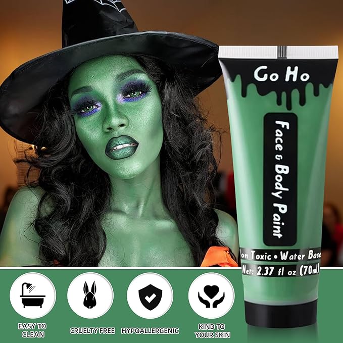 Go Ho Green Body Paint Washable (2.37 oz),Water Based Cream Green Face Paint,Hulk Witch Gamora Makeup,Green Full Face Body Paint for Halloween&St Patricks Day Accessories