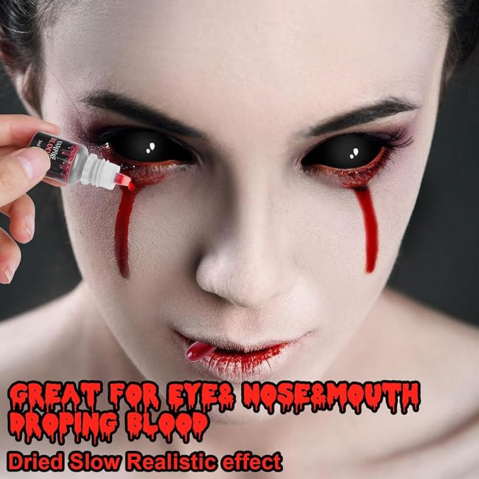 Vampire Blood and Fangs Makeup Kit,Vampire Teeth Costume 4 Size Fake Teeth,1 Fake Blood Spray,1 Dripping Blood,3 Blood Capsules,1Coagulated Blood Gel and 1 Sponges for Halloween Vampire Cosplay Makeup
