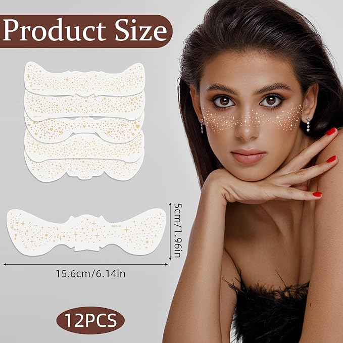 NICENEEDED 12 Pcs Glitter Freckles Face Tattoo, Gold Glow Up Makeup Patches, Faux Freckles Cosmetic Glitter for Face Glitter Speckles Patch Cute Glitter Makeup Accessories for Women