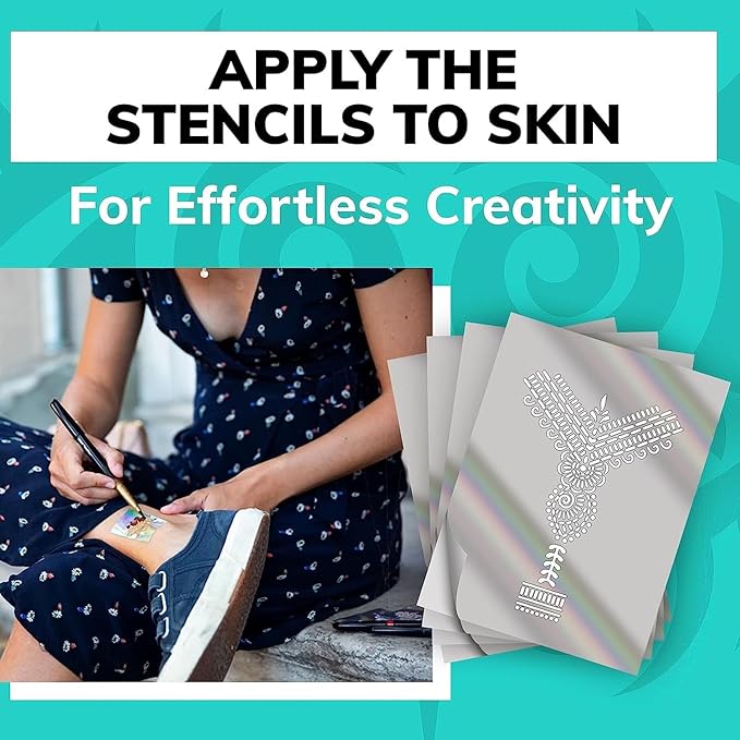 BIC BodyMark Expansion Pack Temporary Tattoo Marker for Skin, Premium Brush Tip, 6 Count Pack of Assorted Colors and Stencils, One Eraser Touch Up Pen, Skin-Safe Temporary Tattoo Markers Set