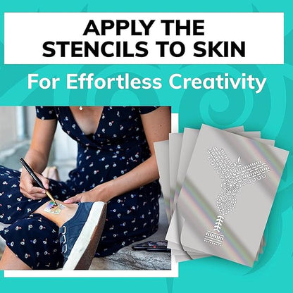 BIC BodyMark Expansion Pack Temporary Tattoo Marker for Skin, Premium Brush Tip, 6 Count Pack of Assorted Colors and Stencils, One Eraser Touch Up Pen, Skin-Safe Temporary Tattoo Markers Set