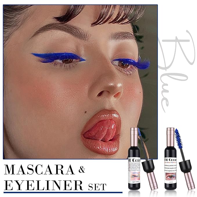 Blue Mascara & Liquid Eyeliner Set, Waterproof Eyeliner Colored Mascara Volume and Length Halloween Eye Liner Lash Makeup Natural Smudge-Proof Colorful Lasting Wine Bottle Pigmented Pencil