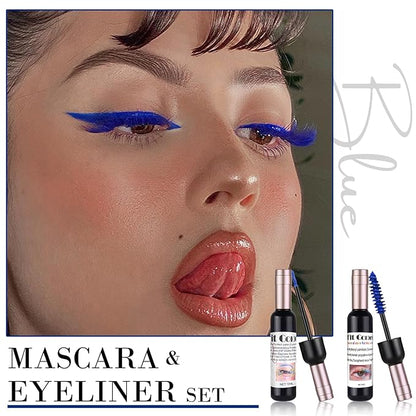 Blue Mascara & Liquid Eyeliner Set, Waterproof Eyeliner Colored Mascara Volume and Length Halloween Eye Liner Lash Makeup Natural Smudge-Proof Colorful Lasting Wine Bottle Pigmented Pencil