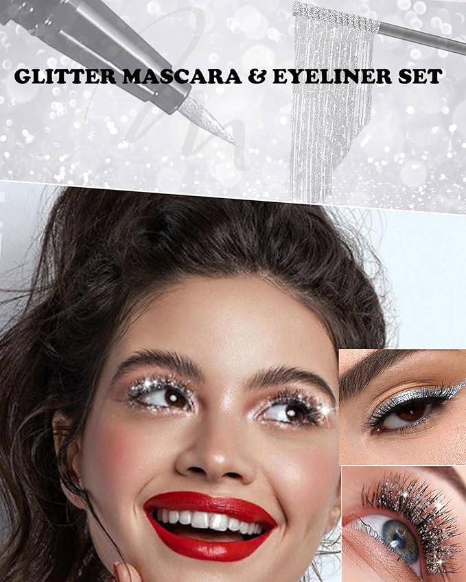 Silver Glitter Mascara and Liquid Eyeliner Pen Waterproof, Metallic Colored Shimmer Lash Mascara Volume and Length &Eye Liner for Women Volumizing Long Lasting Eye Makeup-Set A