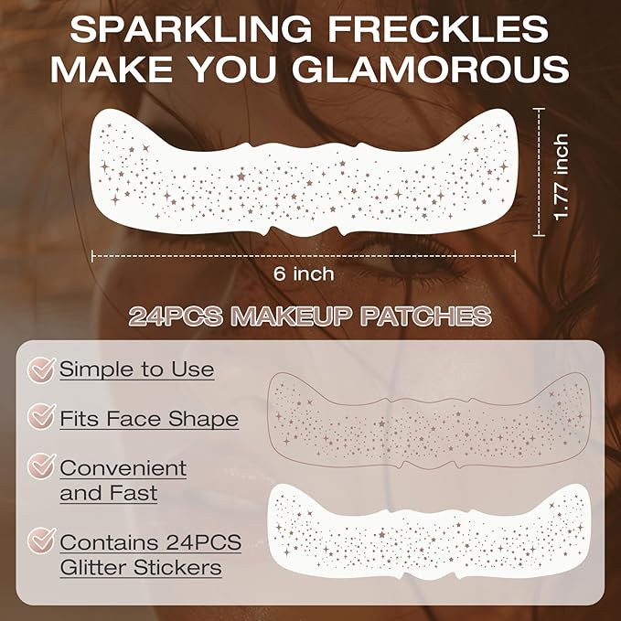 24 Pcs Glitter Freckles Face Tattoo,Brown Face Glitter Makeup Patches Cute Sparkle Freckles Patches Waterproof Makeup Speckles for Face Accessories for Women Girls