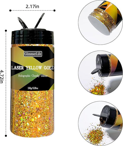 GlimmerLife Chunky Holographic Gold Glitter, 150G/5.29OZ, Iridescent Metallic Craft Glitter for Resin, Nail, Face Makeup, DIY Decorations