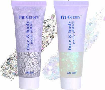 Face Glitter Gel, 2 Jars Holographic Chunky Glitter Makeup for Body, Hair, Face, Nail, Eyeshadow, Long Lasting and Waterproof Mermaid Sequins Liquid Glitter Total 6 Colors Available (Silver & White)