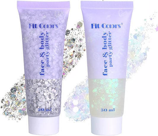 Face Glitter Gel, 2 Jars Holographic Chunky Glitter Makeup for Body, Hair, Face, Nail, Eyeshadow, Long Lasting and Waterproof Mermaid Sequins Liquid Glitter Total 6 Colors Available (Silver & White)