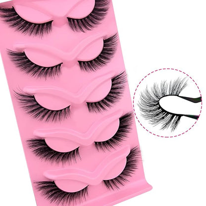 Fox Eye Lashes Wispy Eyelashes 18mm Cat-Eye Lashes Angel Wing Lashes Faux Mink False Eyelashes Natural Look 5 Pairs pack(XF05), black