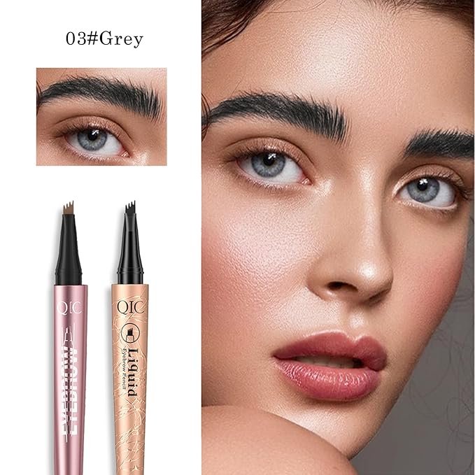 2 Pcs Eyebrow Tattoo Pencil,3D Microblade Eyebrow Pen with 4 Fork Tip Magic Eyebrow Pencil Waterproof Smudge-proof Natural Eyebrow Hair Micro Eye Brow Pencil for women (Grey)