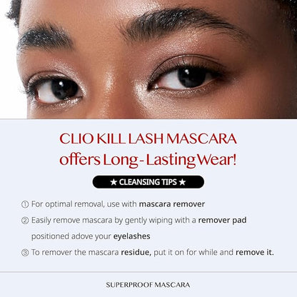 CLIO Kill Lash Superproof Mascara - Long & Curl up Waterproof Black Mascara, Volumizing & Lengthening, Long-wearing (#01)