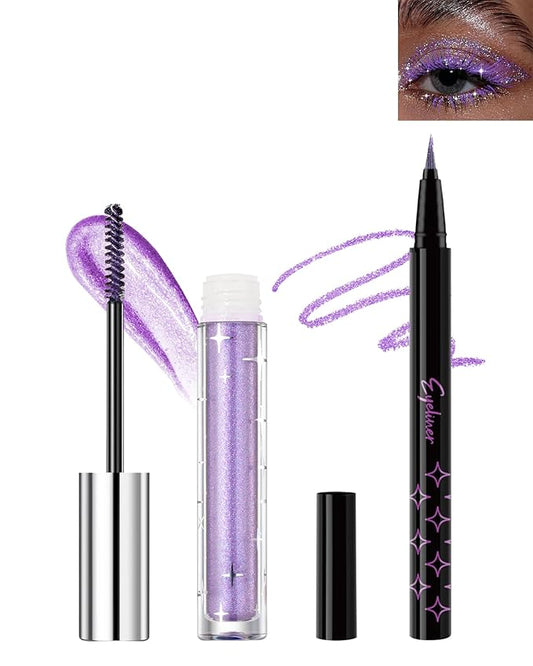 Purple Glitter Mascara + Eyeliner Pen Set, Shimmer Volume Colorful Mascara, Sparkling Liquid Eyeliner, Waterproof, High-Pigmented, All-Day Wear Shine Eye Makeup for Dazzling Looks