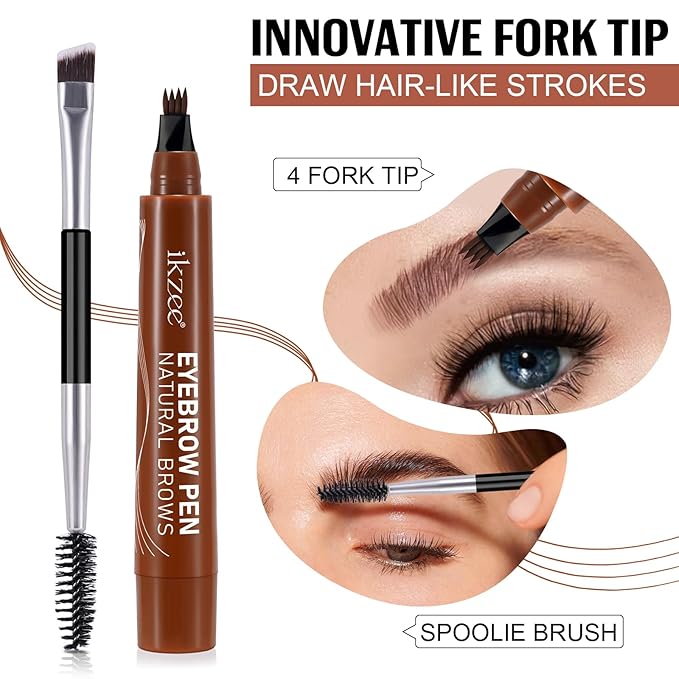 3D Microblading Eyebrow Pencil, 2024 New Waterproof Microblading Eyebrow Pencil Contouring Pen with 4 Fork Tip & Spoolie Brush, Precise Brush-Tip Create Natural Hair-Like Brows (#3 Brown)