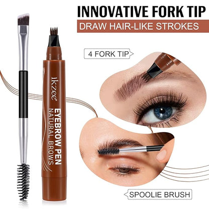 3D Microblading Eyebrow Pencil, 2024 New Waterproof Microblading Eyebrow Pencil Contouring Pen with 4 Fork Tip & Spoolie Brush, Precise Brush-Tip Create Natural Hair-Like Brows (#3 Brown)