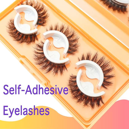 DAODER Self Adhesive Eyelashes Wispy Lashes Natural Look NO Glue Need Press On Lashes 3 Pairs Soft Fluffy Reusable Eyelashes with 40 Extra Glue Strips 14mm (Round Eye GX02)