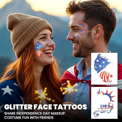 EMOME 16 PCS Gold Glitter Faux Freckles & 6 PCS 4th of July Faux Freckles & 14 PCS Independece Day Face Tattoos with 3 Sheets Face Gems