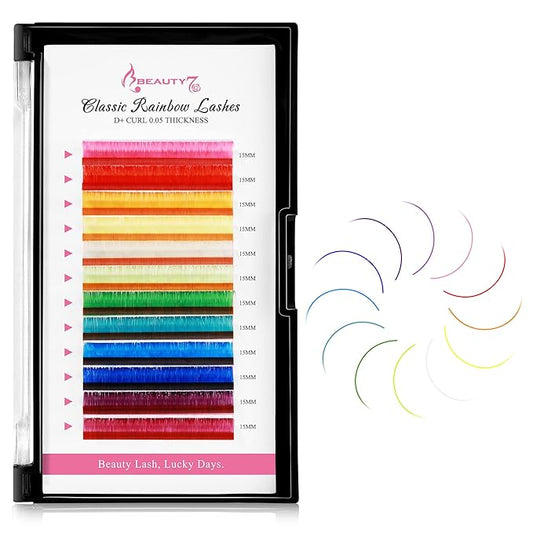 Beauty7 Colored Lash Extensions Rainbow Classic D+ Curl 0.05mm Thickness 15mm Dramatic Eyelashes Ombre 12 Colors