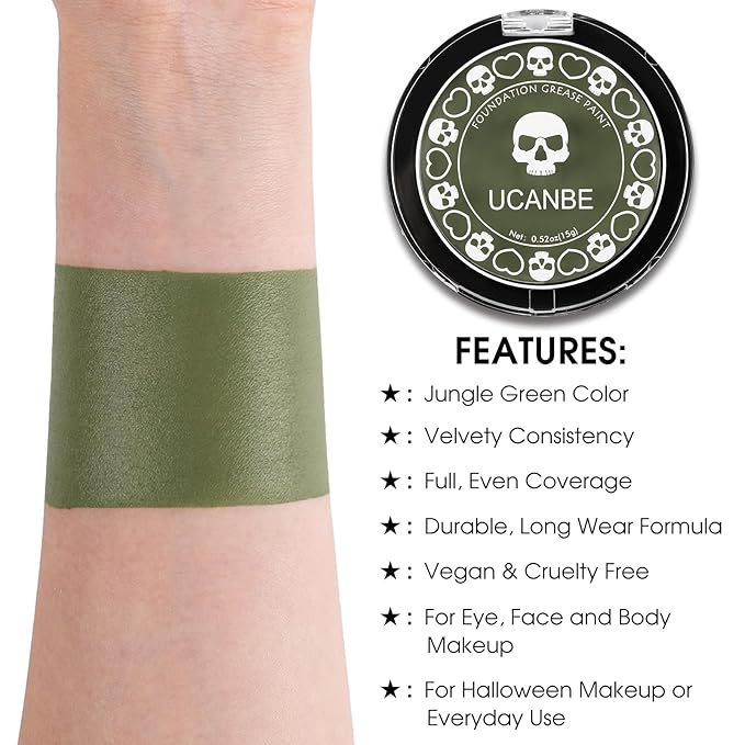 UCANBE Jungle Green Face Body Paint Makeup Foundation, Non-Toxic Cream Greasepaint, Face Painting Kit for for Kids & Adult Halloween Parties, Monster Witch Orcs Hulk Camo Hunting SFX Cosplay Costumes