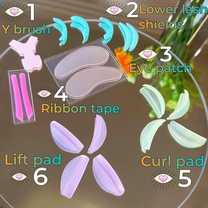 Eyelash Lift Shields Silicone Lash Curlers 8 Size Lifting Pads Jelly Lami Lamination Roller - Upper, Lower Perm Rod Perming Set with Ribbon Compensator, Eye Patch, Y Brush Tool-U Curl Shield