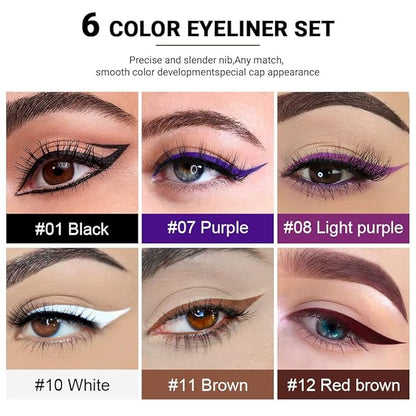 evpct 6Pcs Black Blue Violet Nordic Purple White Red Brown Liquid Wing Eyeliner Stamp Eye Pencil Makeup Color