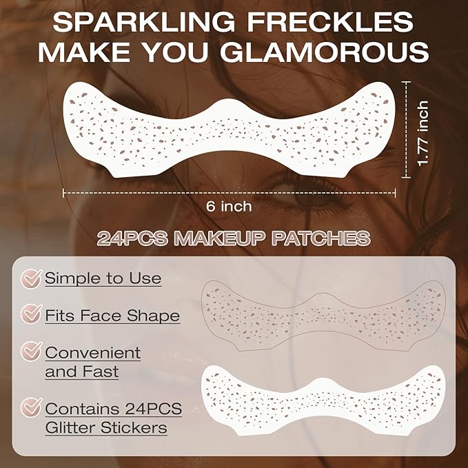 24 Pcs Glitter Freckles Face Tattoo,Brown Face Glitter Makeup Patches Cute Sparkle Freckles Patches Waterproof Makeup Speckles for Face Accessories for Women Girls