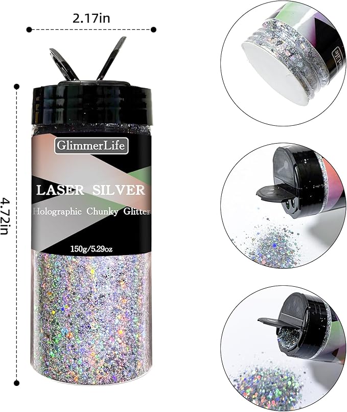 GlimmerLife Silver Chunky Glitter, 150G/5.29OZ, Craft Glitter, Metallic Iridescent, Holographic, DIY Decorations