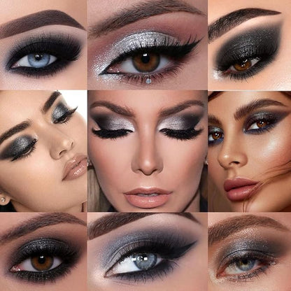 Black Grey Smokey Eyeshadow Palette,Highly Pigmented Matte Black White Gray Silver Smoky Eye Shadow,9Colors Cool Toned Eyeshadow Palette Black Radiance Eyeshadow Long Lasting Eye Makeup for Goth Look